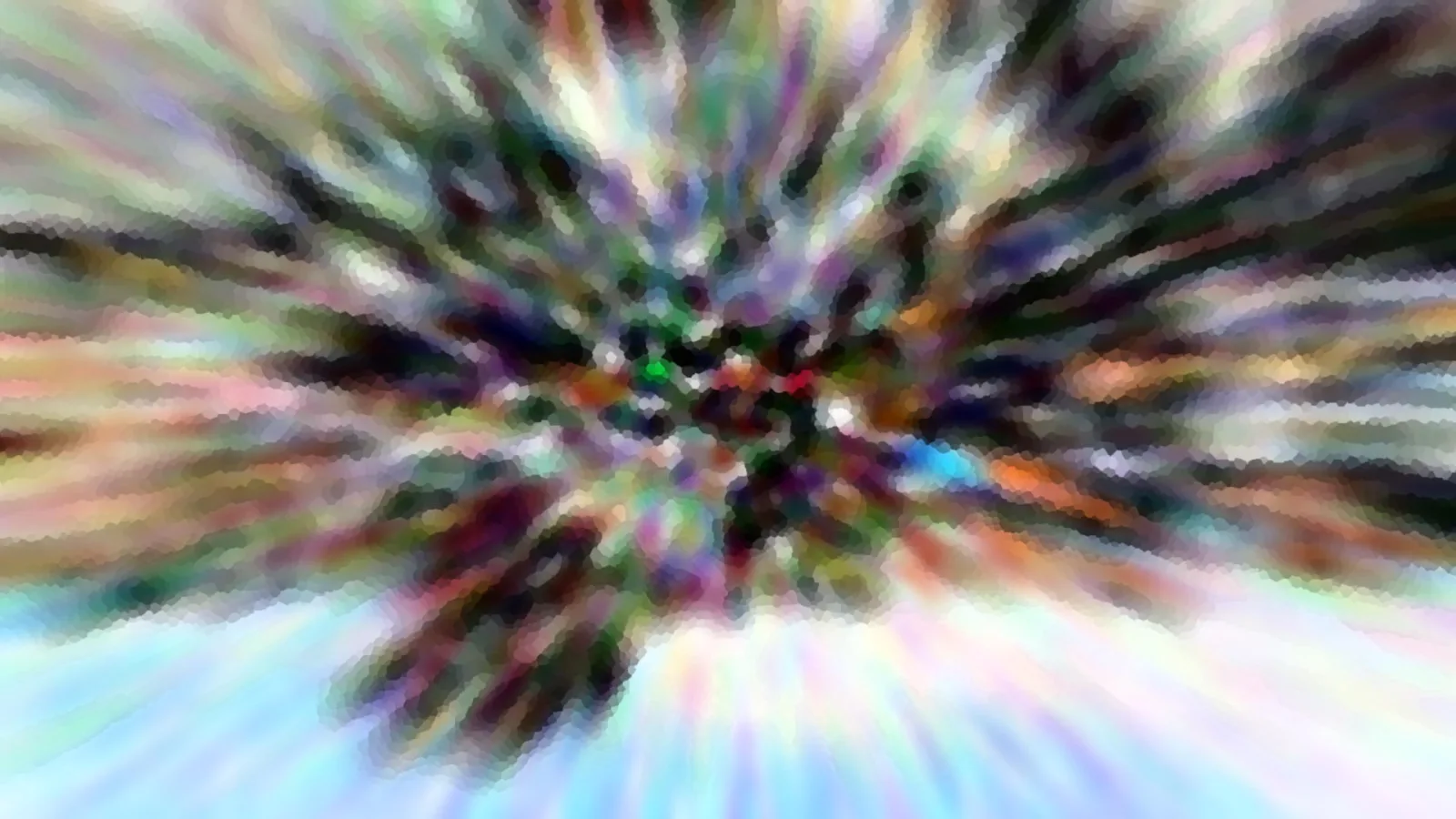 Abstrakte Komposition mit radial von der Mitte nach außen laufenden Farbstrahlen in Lila, Grün, Rosa und Blau, pixelig verwischt.
