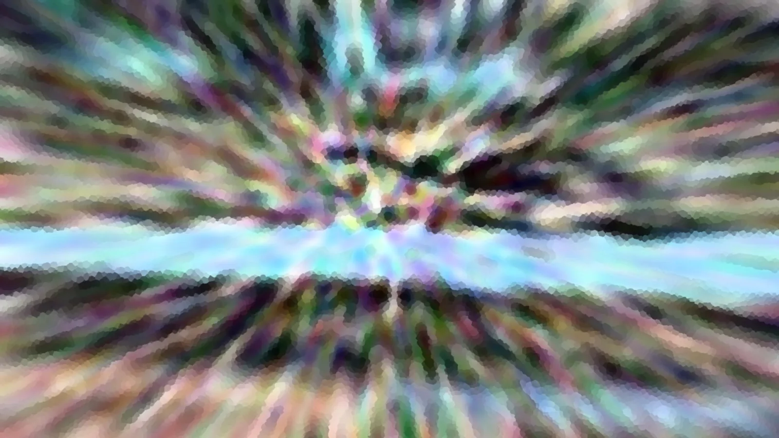 Abstraktes Bild aus bunten, radial vom Zentrum ausgehenden Streifen in Grün, Lila und Blau mit grobem Mosaikmuster und einem hellen horizontalen Band in der Mitte.
