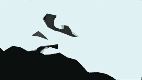 Schwarze, kantige abstrakte Formen auf hellblauem Hintergrund, unten eine dunkle, zackige Hügelkante.