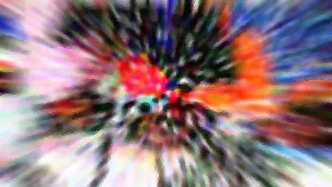 Abstrakte Komposition mit leuchtend rotem Zentrum, radialen Streifen in Orange, Grün, Blau und Weiß sowie pixeliger Verwischung.