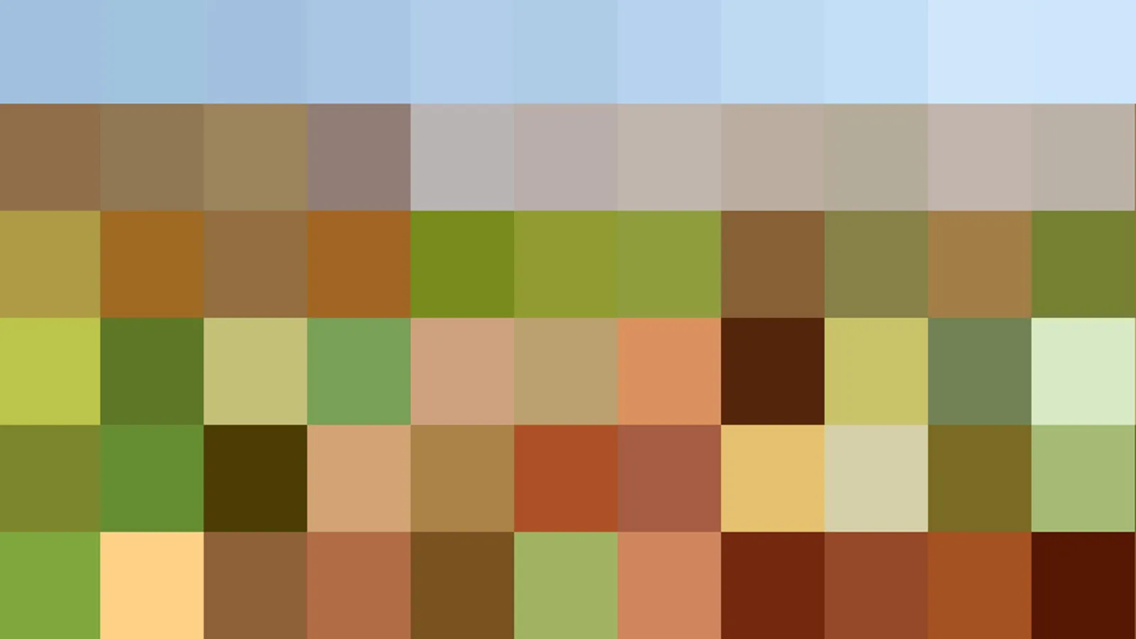 Pixelmosaik aus farbigen Quadraten: oben helles Himmelblau, darunter Braun-, Grün- und Orangetöne.