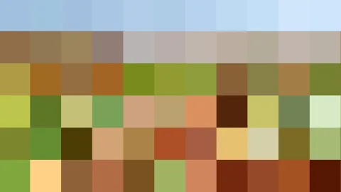 Pixelmosaik aus farbigen Quadraten: oben helles Himmelblau, darunter Braun-, Grün- und Orangetöne.