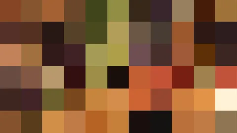 Quadratisches Raster aus Braun-, Orange-, Oliv- und Schwarztönen, das ein abstraktes Mosaik bildet.