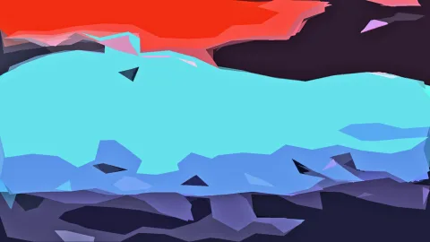 Abstrakte Komposition aus kantigen Polygonflächen in Rot, Türkis, Blau und Violett, unten und oben dunkel.