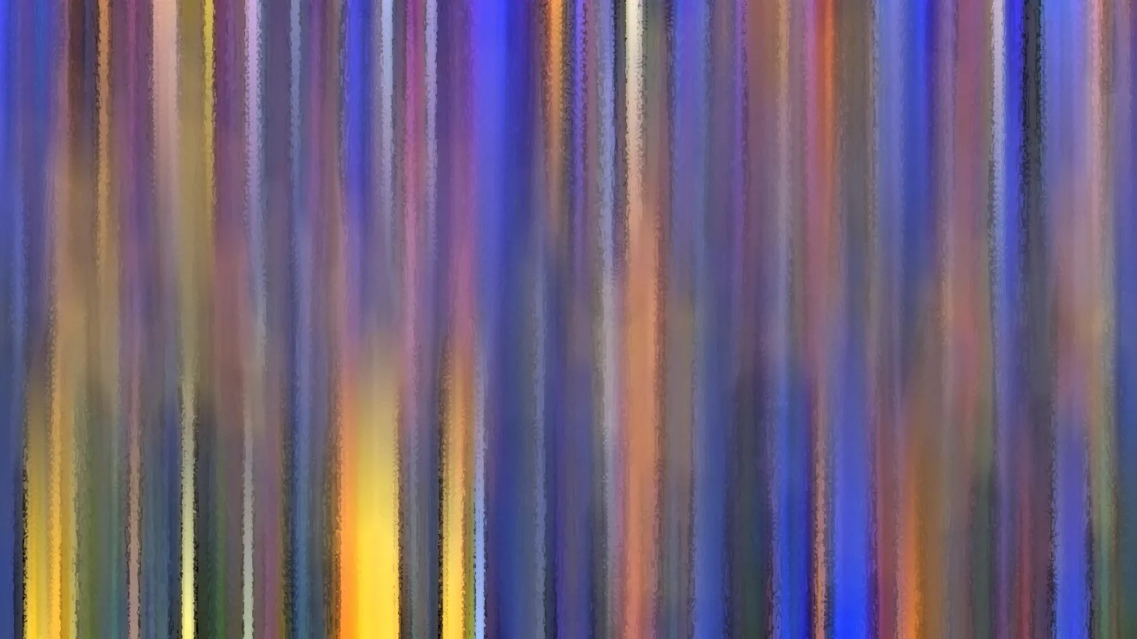 Abstrakte Komposition aus senkrechten, verwischten Streifen in Blau, Violett, Orange und Gelb, mit einem hellen gelben Schimmer in der unteren Bildmitte.