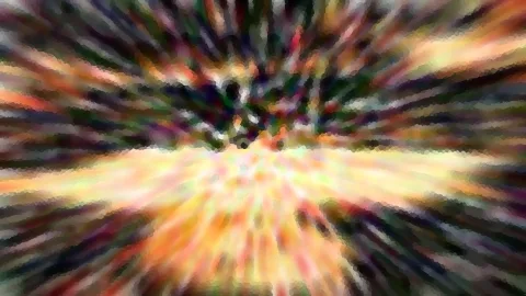 Abstraktes Bild mit radialen, verwischten Farbstreifen, die von einem dunklen Zentrum nach außen laufen; oben dunkle Grün- und Violetttöne, unten warmes Gelb und Orange.