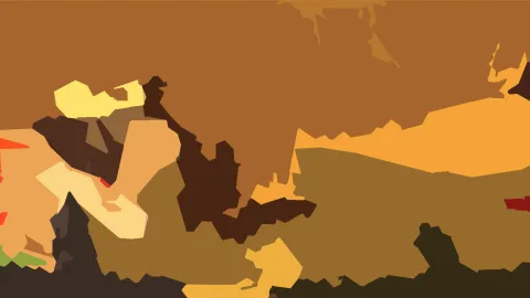 Abstrakte Komposition aus unregelmäßigen, flächigen Formen in Ocker, Braun, Gelb und vereinzeltem Rot und Grün.