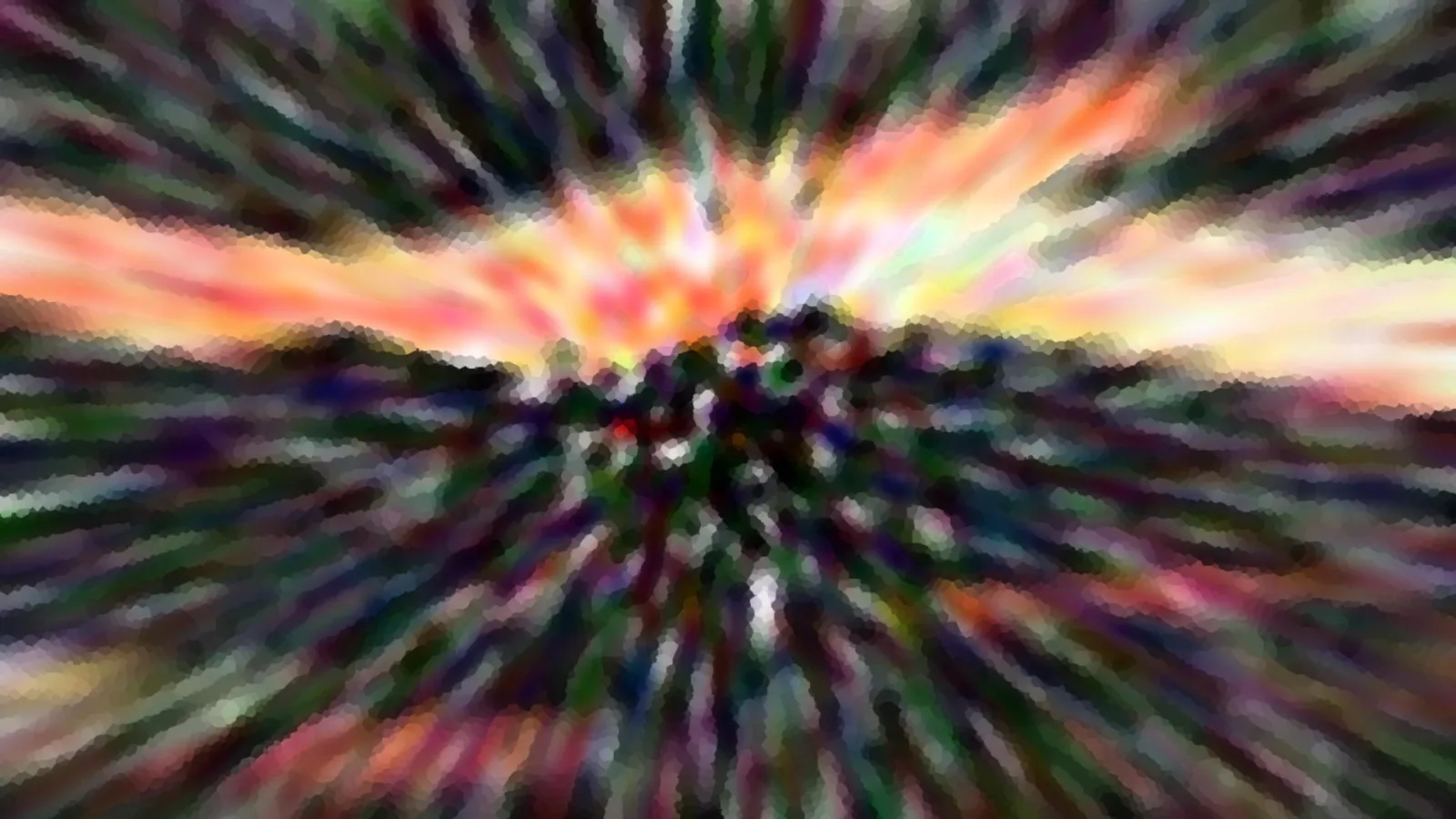 Abstrakte Komposition mit radialer Bewegungsunschärfe: Ein heller Sonnenuntergang in Orange und Rosa wird nach außen gezogen, darunter liegt eine dunkle Baumlinie.