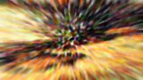 Abstrakte Komposition aus bunten Streifen in Gelb, Orange, Grün und Violett, die radial von einem hellen Zentrum nach außen verlaufen und pixelig verwischt sind.