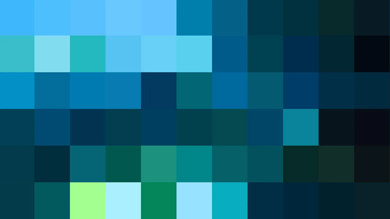 Mosaik aus quadratischen Pixelblöcken in Himmelblau, Türkis, Petrol und Dunkelgrün, oben hell, unten dunkel.