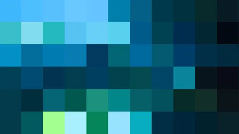 Mosaik aus quadratischen Pixelblöcken in Himmelblau, Türkis, Petrol und Dunkelgrün, oben hell, unten dunkel.