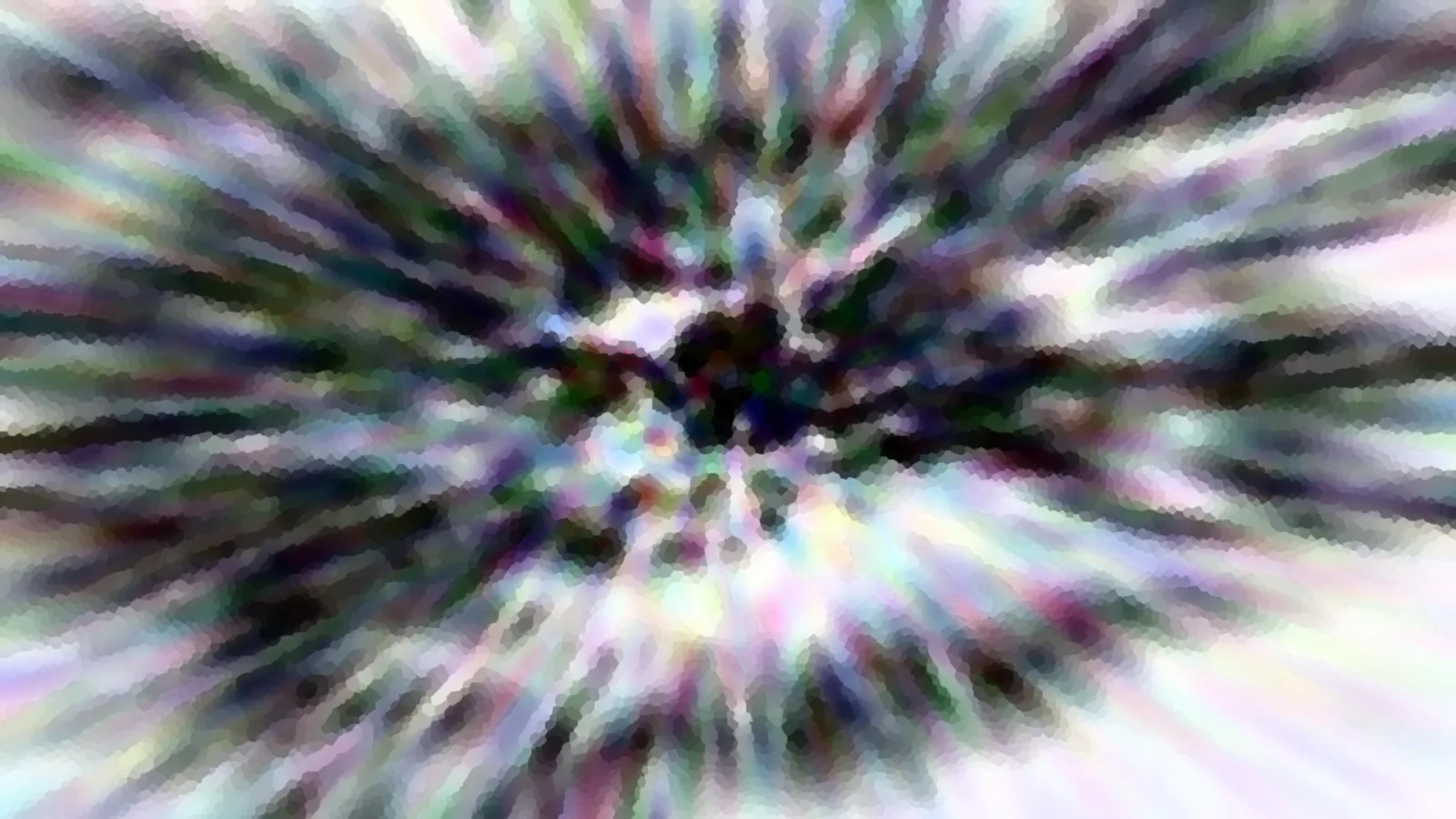 Abstrakte Komposition aus bunten, pixeligen Streifen, die radial von einem dunklen Zentrum nach außen laufen.
