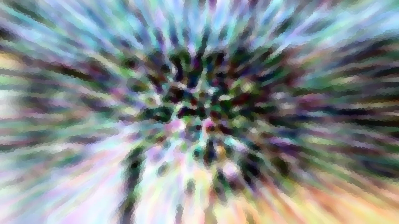 Abstraktes Bild mit bunten Schlieren, die vom dunklen Zentrum radial nach außen strahlen, in Pastelltönen von Violett, Grün und Blau bis Gelb.