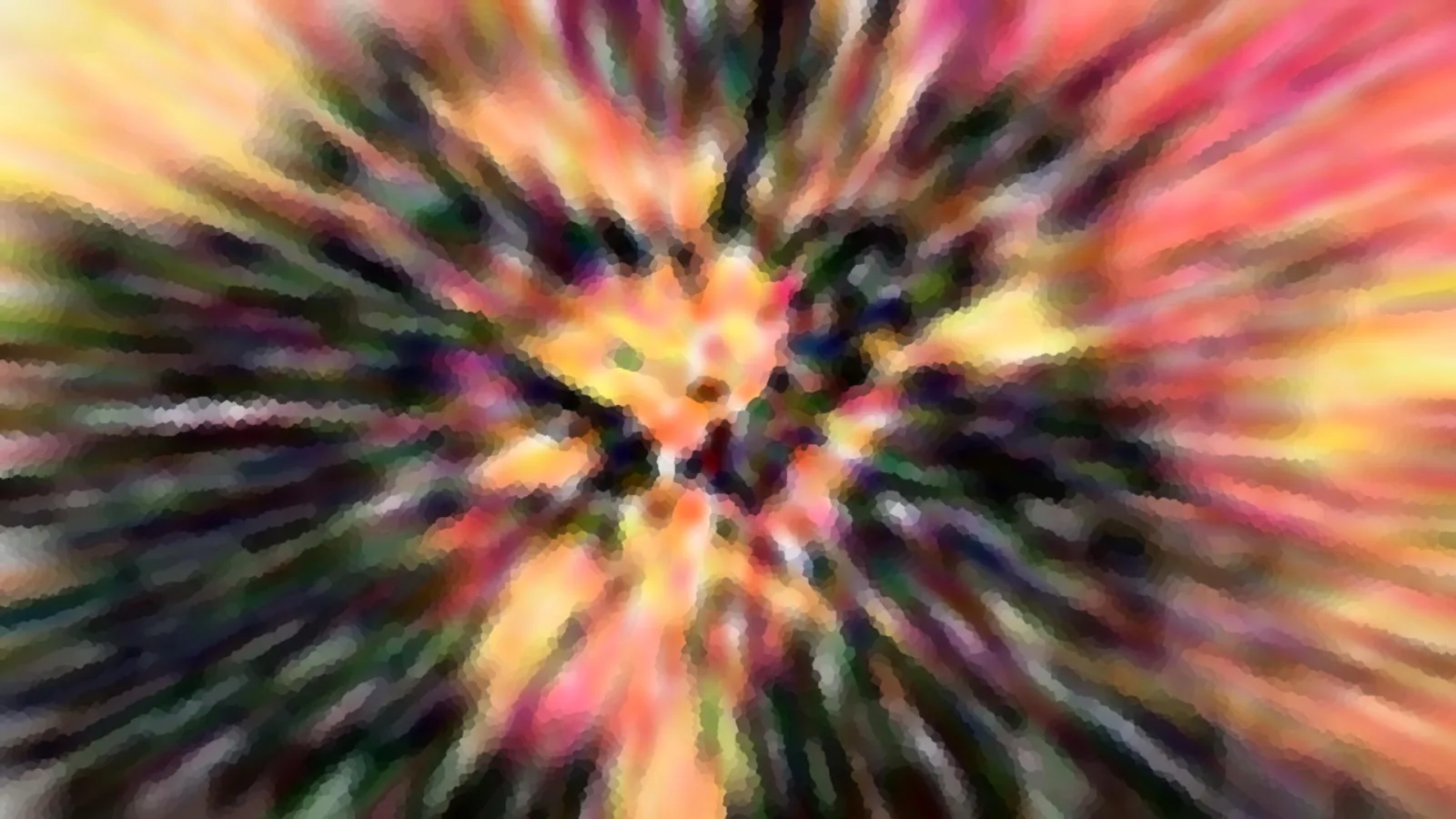 Abstraktes Bild mit radial von der Mitte ausstrahlenden Streifen in Rosa, Gelb und Grün, dunkle Schlieren und ein helles Zentrum.