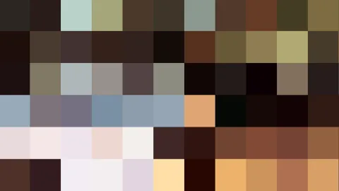 Raster aus kleinen, farbigen Quadraten in Braun, Grau, Beige, Blau und Ocker, dazwischen einzelne Rosa- und Gelbtöne.