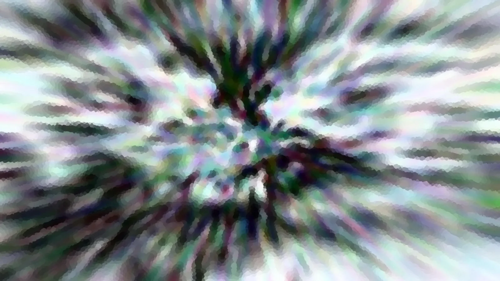 Abstrakte Komposition aus radial von der Mitte nach außen laufenden, bunten Schlieren in Grün, Violett, Schwarz und Weiß