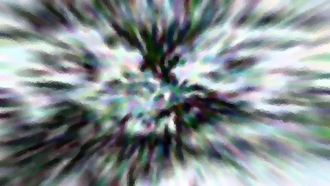 Abstrakte Komposition aus radial von der Mitte nach außen laufenden, bunten Schlieren in Grün, Violett, Schwarz und Weiß