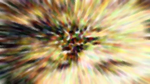 Abstrakte Komposition aus radial von der Mitte nach außen laufenden, verwischten Streifen in Gelb, Grün, Rot und Schwarz, mosaikartig gepixelt.