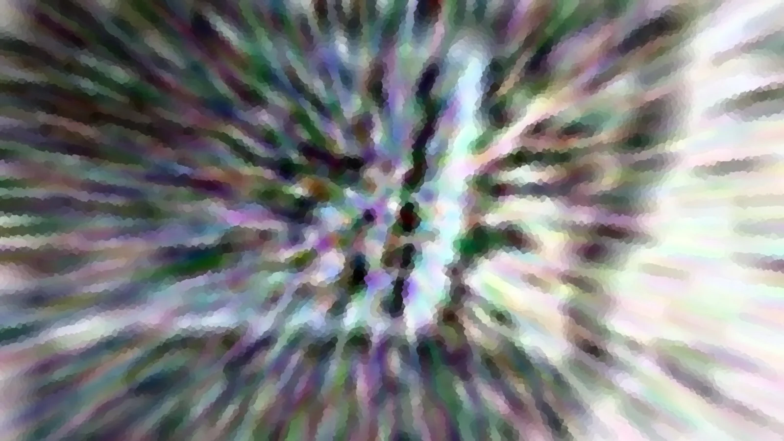 Abstrakte Komposition aus verwischten, radial vom Zentrum nach außen laufenden Streifen in Violett, Grün und Weiß.