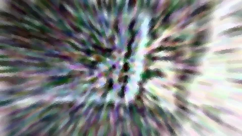 Abstrakte Komposition aus verwischten, radial vom Zentrum nach außen laufenden Streifen in Violett, Grün und Weiß.