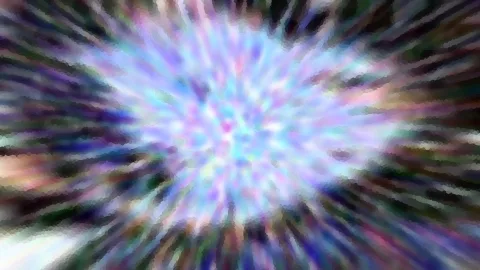 Abstrakte radiale Komposition aus hellblauen, violetten und dunklen Farbschlieren, die von einem leuchtenden Zentrum nach außen strahlen.