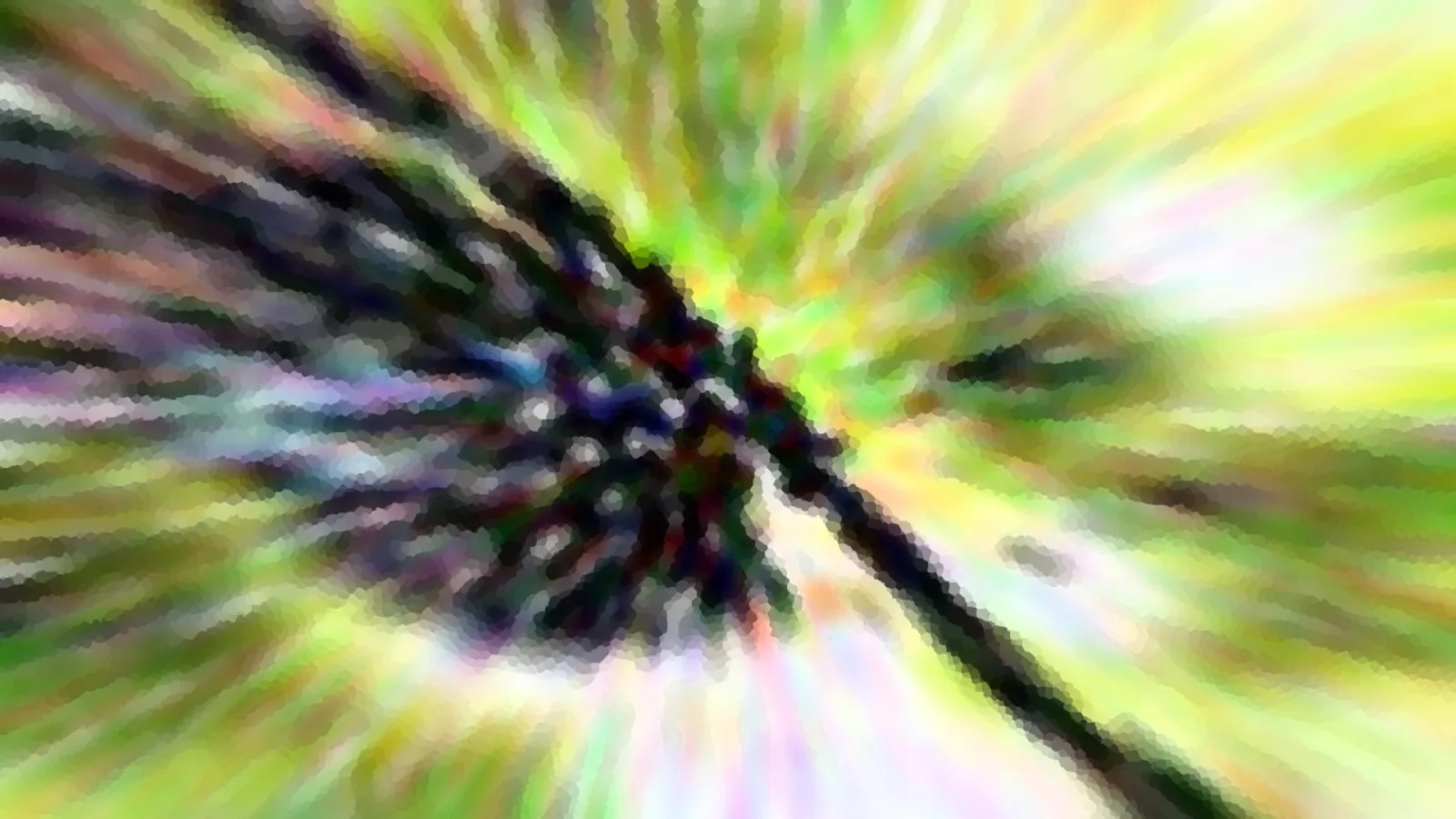 Radiale Unschärfe mit grünen und gelben Streifen, ein dunkler Ast verläuft diagonal durch das Bild.