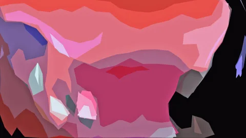 Abstrakte Komposition aus kantigen Flächen in Rosa, Rot, Lila und Weiß auf schwarzem Grund.