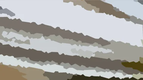 Abstrakte Komposition aus waagerechten, gezackten Bändern in Grau, Beige und Braun, oben hell, unten dunkel.