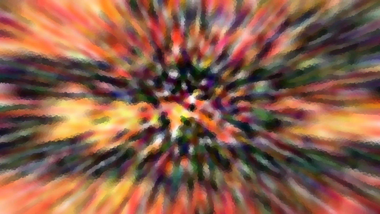 Abstrakte Komposition aus bunten Farbstreifen in Orange, Gelb, Rot, Grün und Violett, die von einem dunklen Zentrum radial nach außen wirbeln, mit mosaikartiger Körnung.