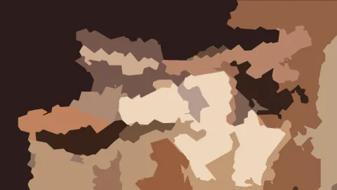 Abstrakte Komposition aus unregelmäßigen beige- und braunen Flächen mit einem dunklen Bereich links und oben.
