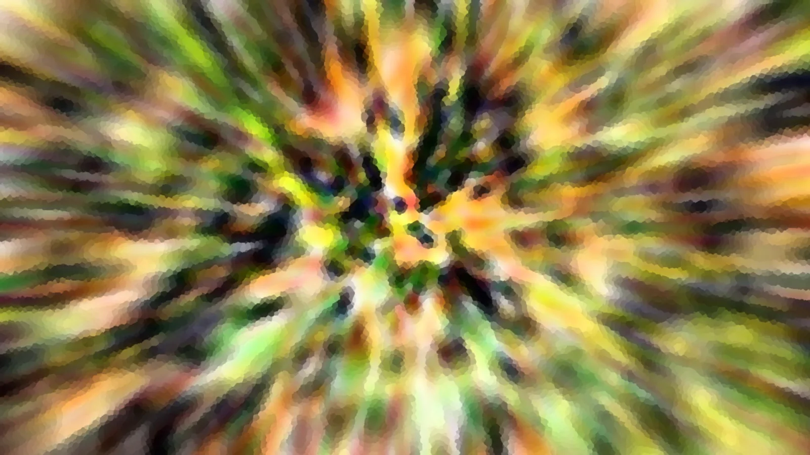 Abstrakte radiale Unschärfe mit grünen, gelben und orangefarbenen Streifen, die von einem dunklen Zentrum nach außen laufen.