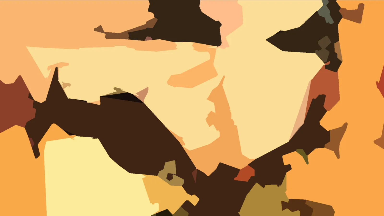 Abstrakte Komposition aus kantigen Flächen in Orange, Creme, Dunkelbraun und Olivgrün.