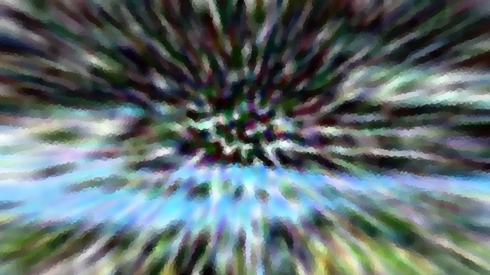 Abstraktes Bild mit radialen Farbstrahlen um einen dunklen Mittelpunkt, mosaikartig gepixelt