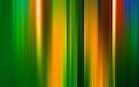 Abstrakte vertikale Streifen in Grün, Gelb, Orange und Rot, die von links nach rechts unterschiedlich breit und hell sind, dazu ein blauer Streifen am rechten Rand.