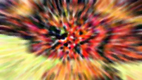 Abstraktes Bild mit einem Zentrum aus roten, orangefarbenen und dunklen Farbschlieren, die radial nach außen laufen, am linken Rand verblassen sie in helles Gelbgrün.