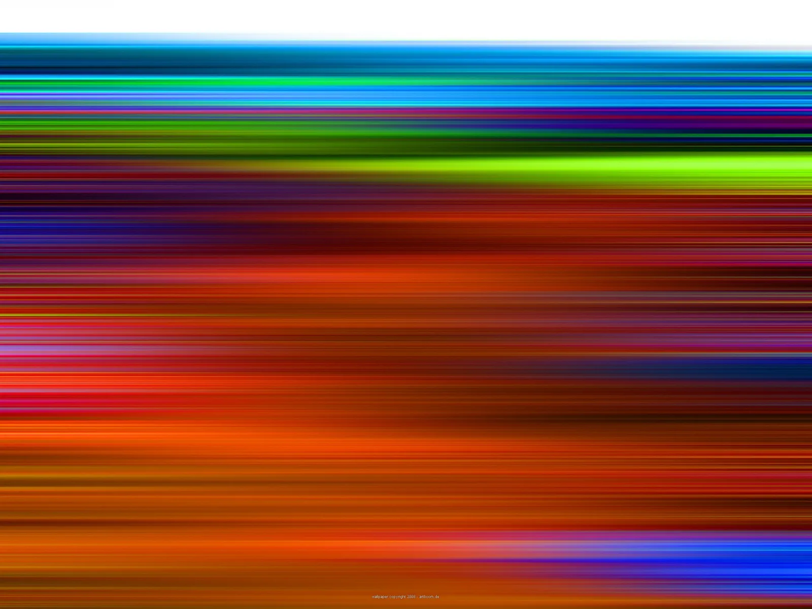 Abstrakte Komposition aus horizontalen, verwischten Linien in Blau, Grün, Gelb, Rot und Orange auf weißem Grund oben.