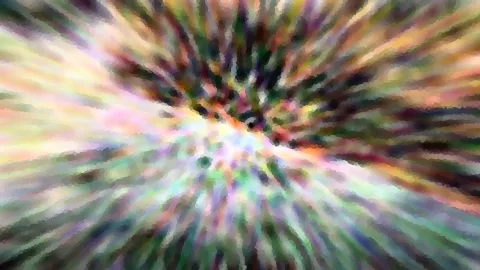 Abstrakte Komposition aus pastellfarbenen Streifen, die von einem hellen Zentrum radial nach außen laufen, mit körnig-mosaikartiger Struktur.