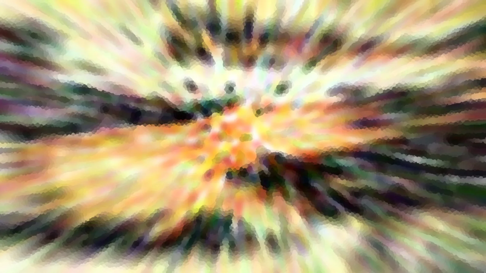 Abstrakte Komposition aus radial von einem hellen Zentrum ausgehenden, verwischten Streifen in Gelb, Orange, Grün und Dunkelviolett.