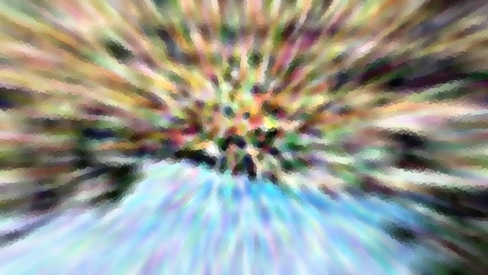 Abstrakte, radial verwischte Farbstreifen in Grün, Gelb, Rosa und Blau, die von einem hellen Zentrum nach außen laufen.