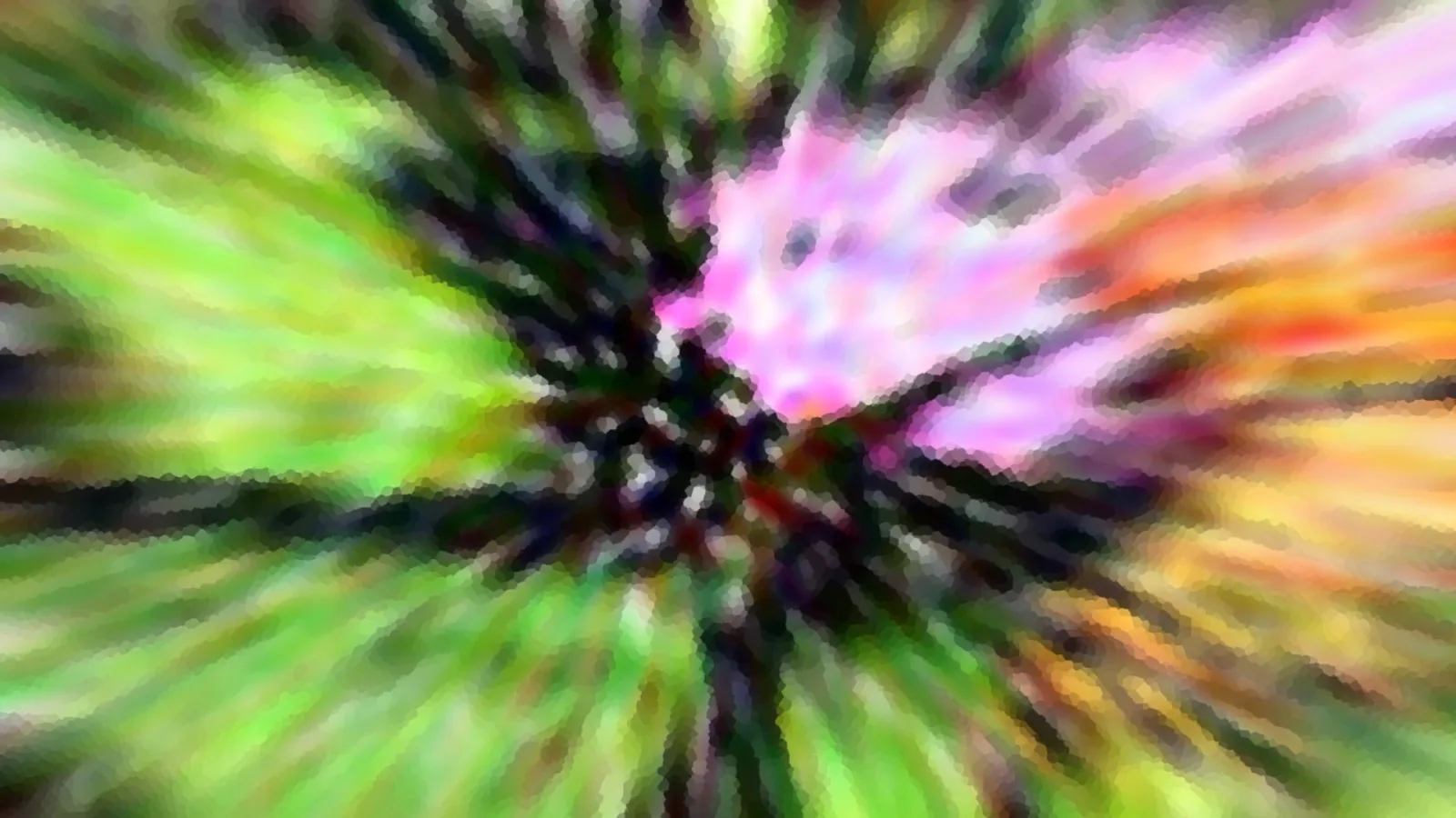 Abstrakte radiale Unschärfe mit grünen, pinken und orangefarbenen Streifen um eine dunkle Mitte.