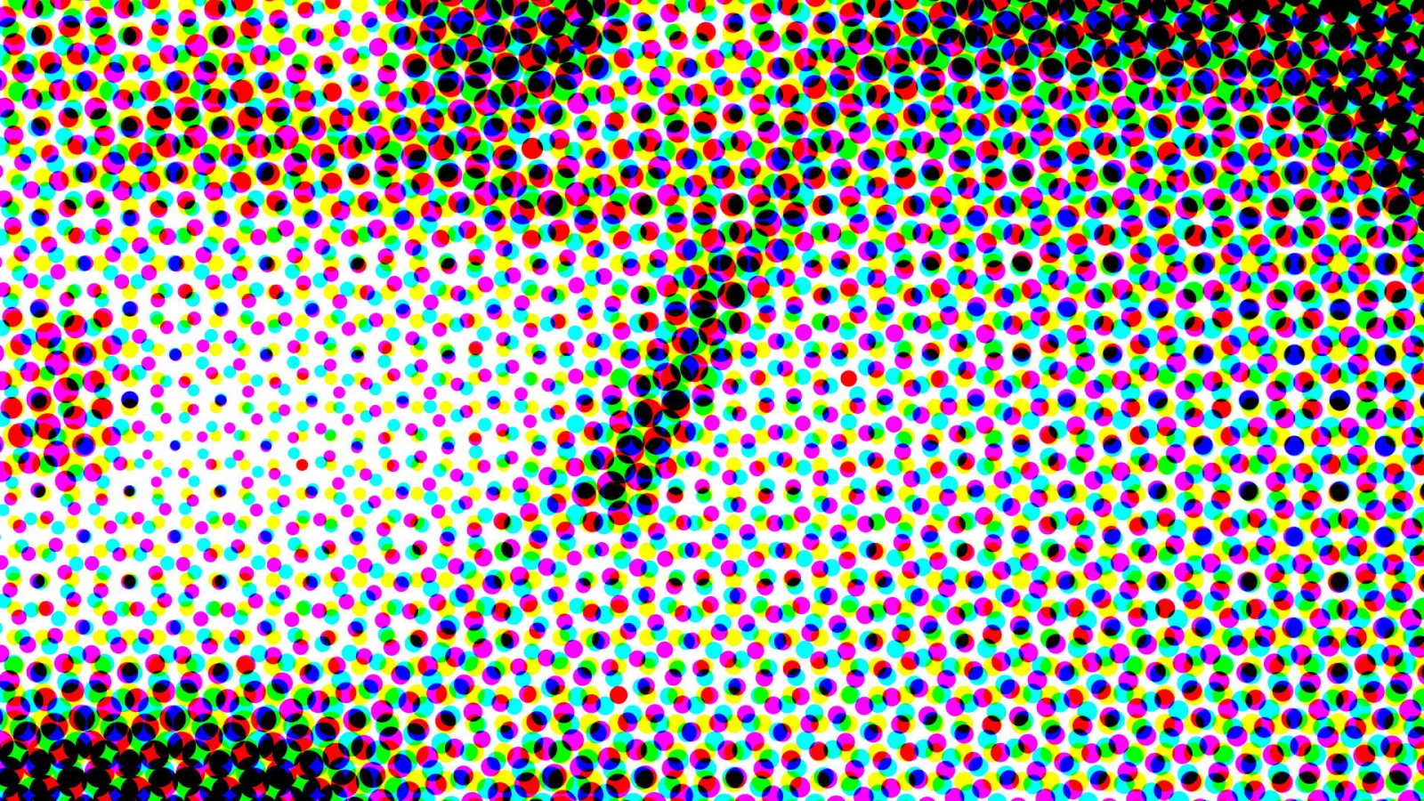 Farbiges Punktraster in Rot, Grün, Blau, Gelb, Cyan und Magenta auf weißem Grund, oben und unten dichter und dunkler, mit einer diagonalen Zone großer schwarzer Punkte.
