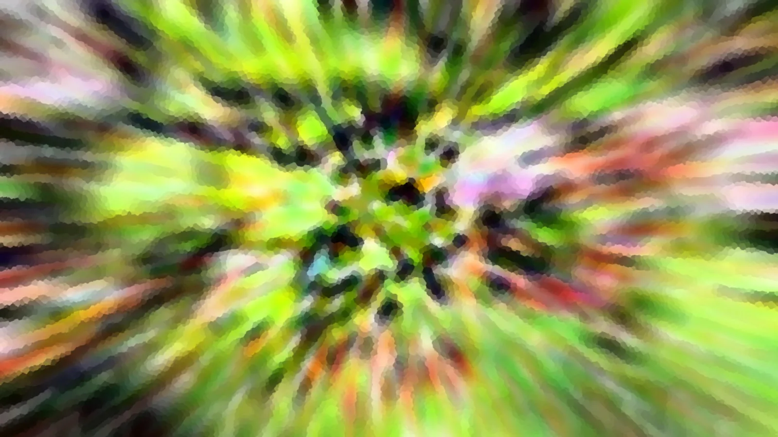 Abstrakte Komposition aus grünen, gelben und rosafarbenen Streifen, die radial von einem dunklen Zentrum nach außen verlaufen.