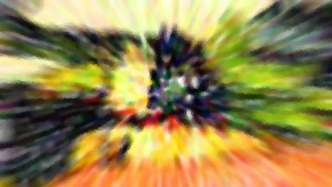 Abstrakte, verwischte Komposition mit radialen Strahlen in Gelb, Grün, Orange und Schwarz, die von einem dunklen Zentrum nach außen laufen.