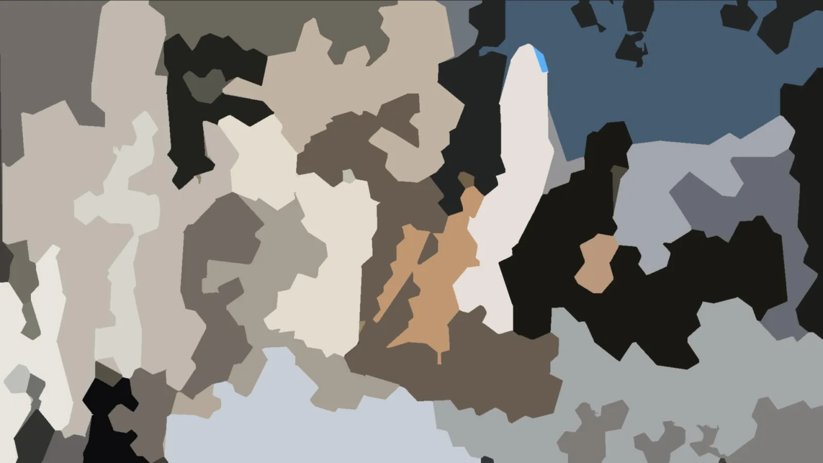Abstrakte Komposition aus unregelmäßigen Flächen in Grau, Beige, Schwarz und Braun, durchzogen von einer hellen vertikalen Form und einzelnen blauen und orangefarbenen Akzenten.