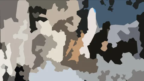 Abstrakte Komposition aus unregelmäßigen Flächen in Grau, Beige, Schwarz und Braun, durchzogen von einer hellen vertikalen Form und einzelnen blauen und orangefarbenen Akzenten.