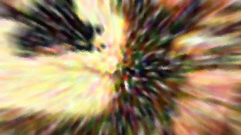 Abstrakte Komposition aus radial verlaufenden, verwischten Farbstreifen in Gelb, Orange, Grün und Schwarz mit mosaikartiger Körnung.