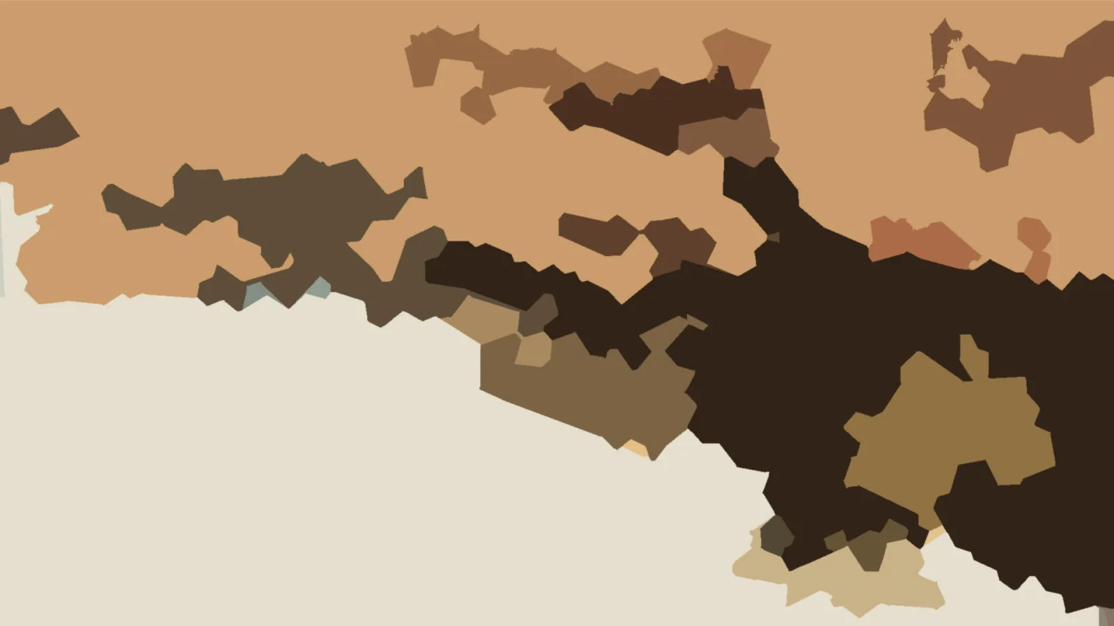 Abstrakte Komposition aus braunen, dunkelbraunen und beigen Flächen mit unregelmäßigen Rändern auf hellem beigem Grund.
