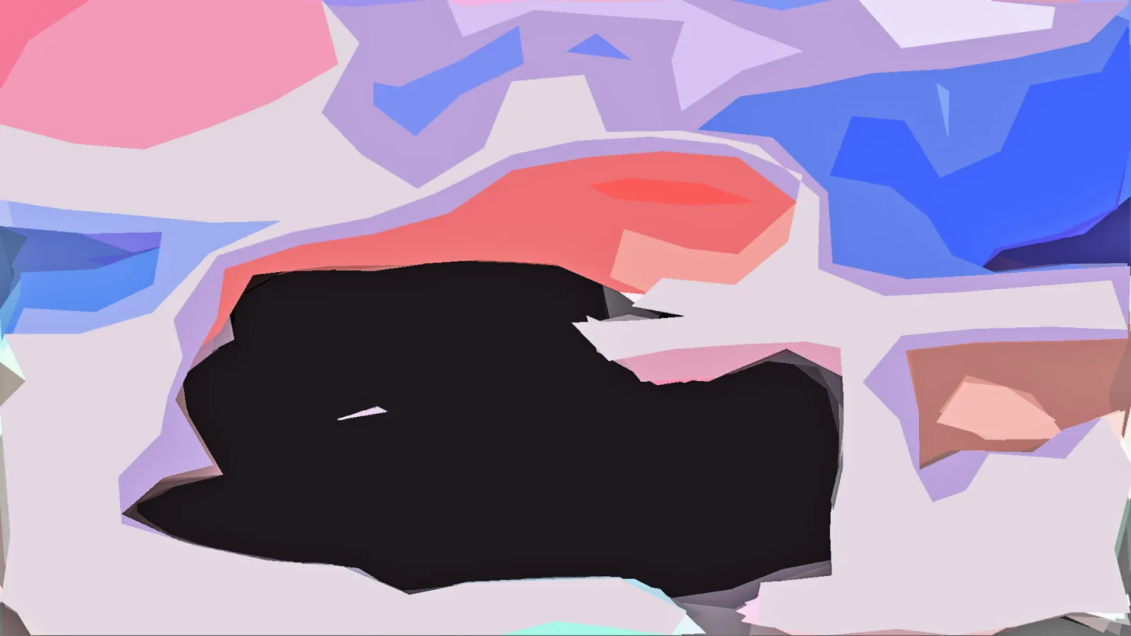 Abstrakte Komposition aus flachen, pastellfarbenen Formen in Rosa, Lila und Blau mit einer großen schwarzen Fläche in der Bildmitte und einem braunen Feld rechts.