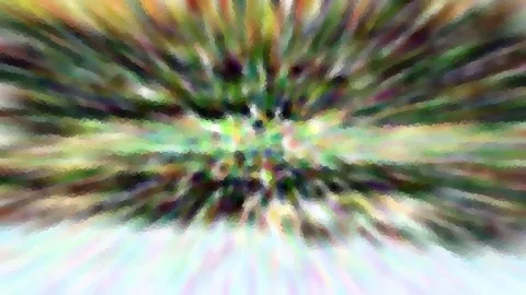 Abstraktes Bild mit bunten Streifen in Grün, Violett und Pastell, die von der Mitte nach außen laufen, mit einem Mosaik aus kleinen Pixeln.