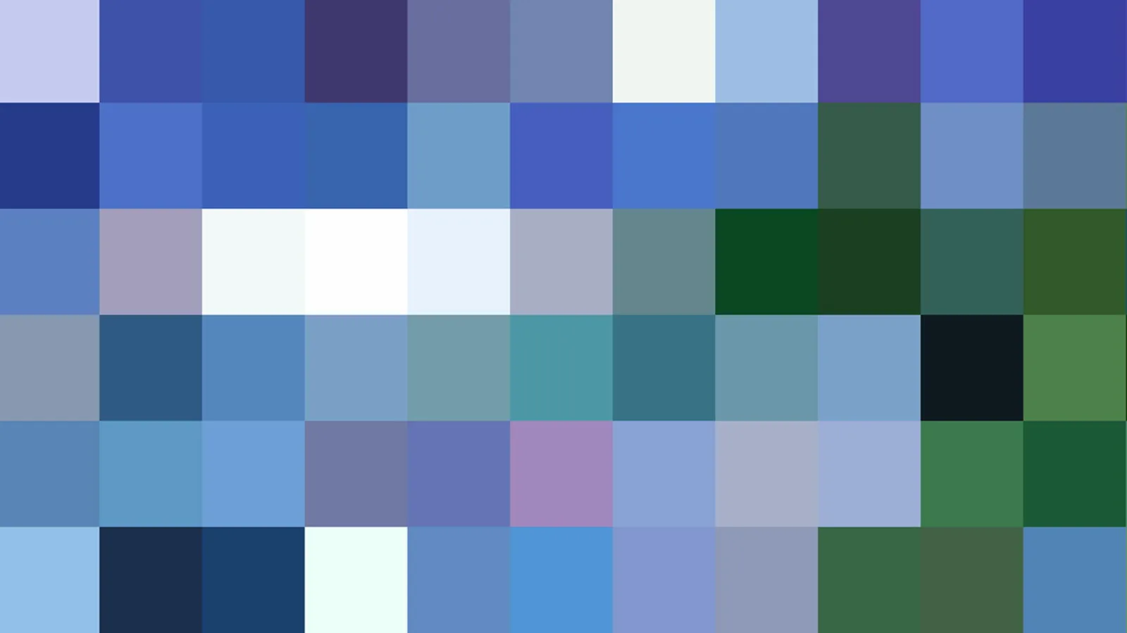 Pixelmosaik aus blauen, grünen und weißen Farbfeldern in einem Raster aus Quadraten.